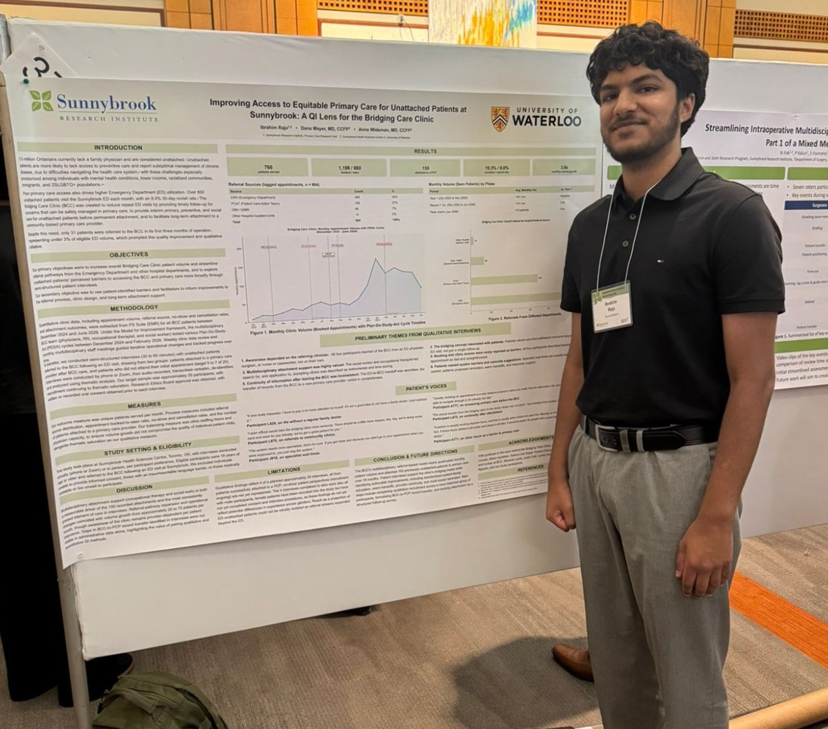 Ibrahim Raja standing beside his research poster on improving access to primary care for unattached patients at Sunnybrook’s Bridging Care Clinic